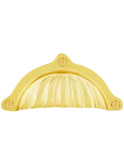 4 inch Scalloped Brass Bin Pull in Polished Brass.